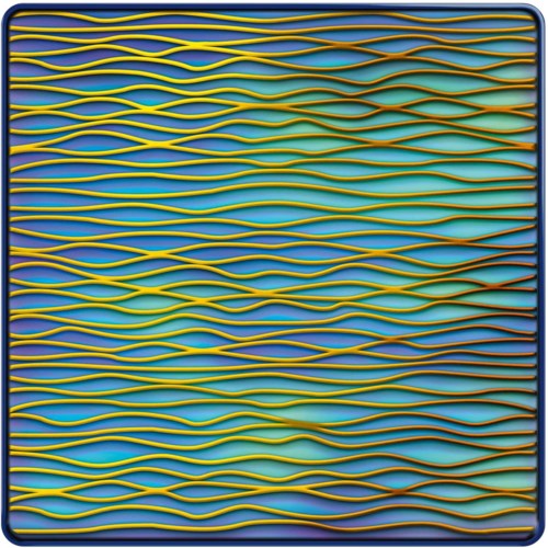 Colorful wires are arranged in a wavy pattern on a flat surface background.