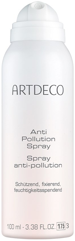 Biała butelka z rozpylaczem oznaczona 'ARTDECO' i opisem 'Anti Pollution Spray' dla ochrony i nawilżenia.