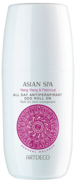 En vit rullstift deodorant med rosa och lila design, märkt som Asian Spa All Day Antiperspirant, tillverkad av Artdeco.
