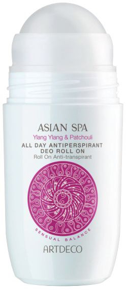 Vit deodorant med rosa dekorativ cirkel, märkt Asian SPA med ylang ylang och patchouli som doftnoter.