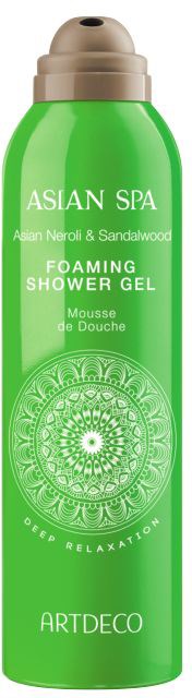 Grön flaska med beige lock, märkt som Asian Spa skummande duschgelé, sandalwood doft, avslappnande syfte.