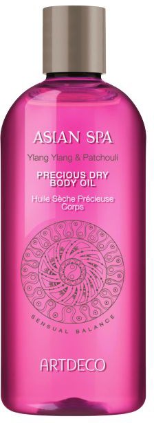 Pink plastflaska med body oil från Asian Spa med silverlock, med snäckmönster och produktinformation.