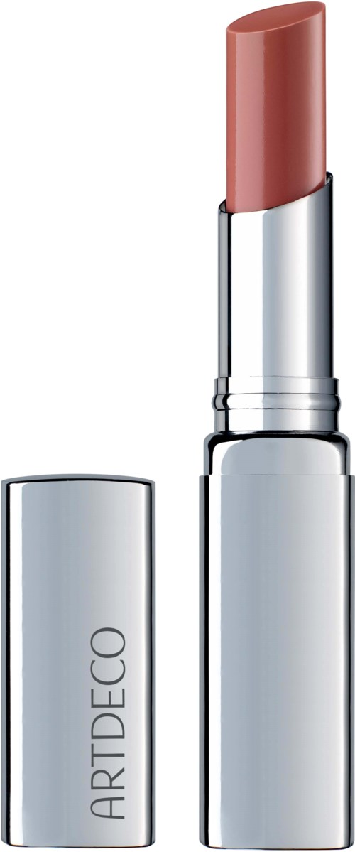 A silver lipstick tube with a beige lipstick stick showing. The tube has the word "ARTDECO" on it.
