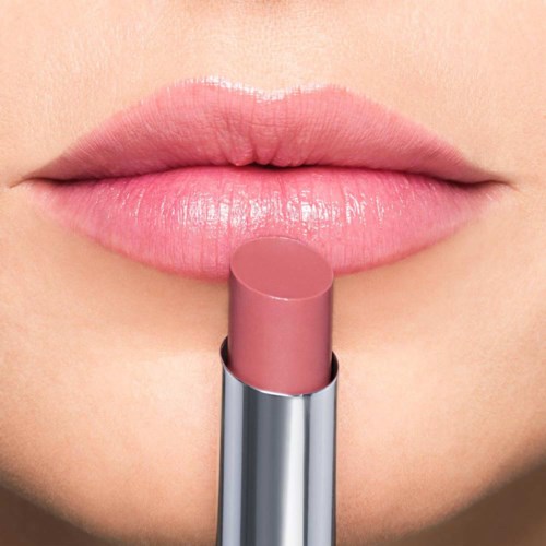 A person is about to apply pink lipstick on their lips.