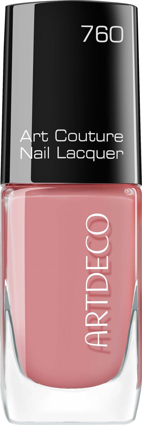 A pink nail polish bottle with black cap, labeled Art Deco, Art Couture Nail Lacquer, and the number 760.