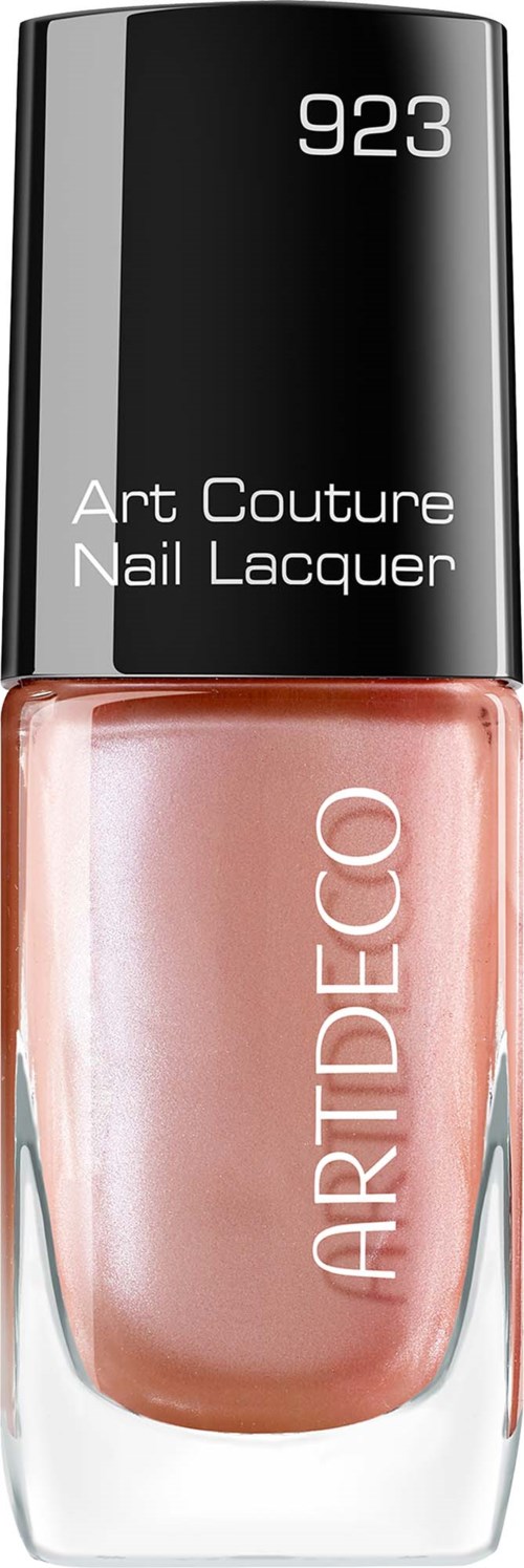 A bottle of soft peach nail polish with a silver cap and black top label reading Art Deco Nail Lacquer 923.
