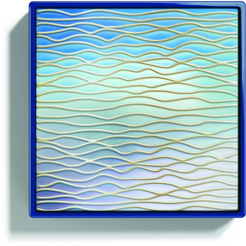A blue framed panel with wavy lines in shades of blue, beige, and white, creating an abstract pattern.