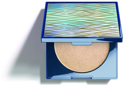 A compact, square makeup powder case with a colorful, wavy design on the lid and a beige pressed powder inside.