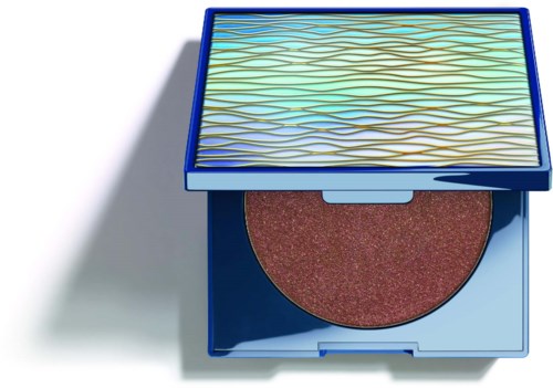 A blue makeup compact with a decorative top lid and a round reddish-brown powder inside.
