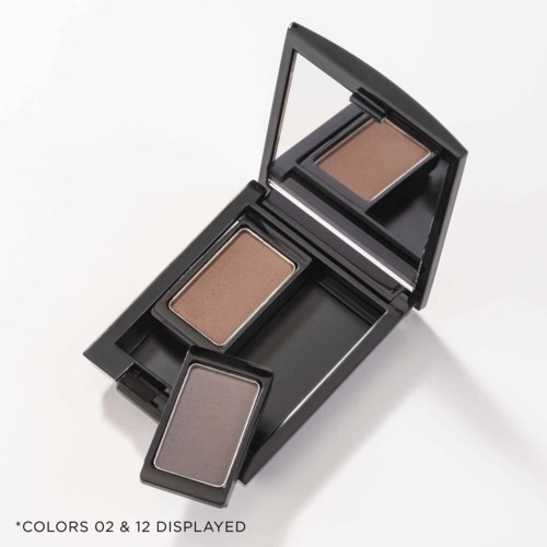 A black makeup case holds two eyeshadow pans, one brown and one purple, with a mirror inside the lid.