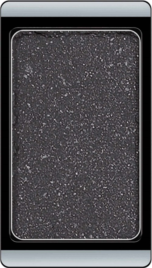 Black eyeshadow with silver glitter in a metallic compact container.