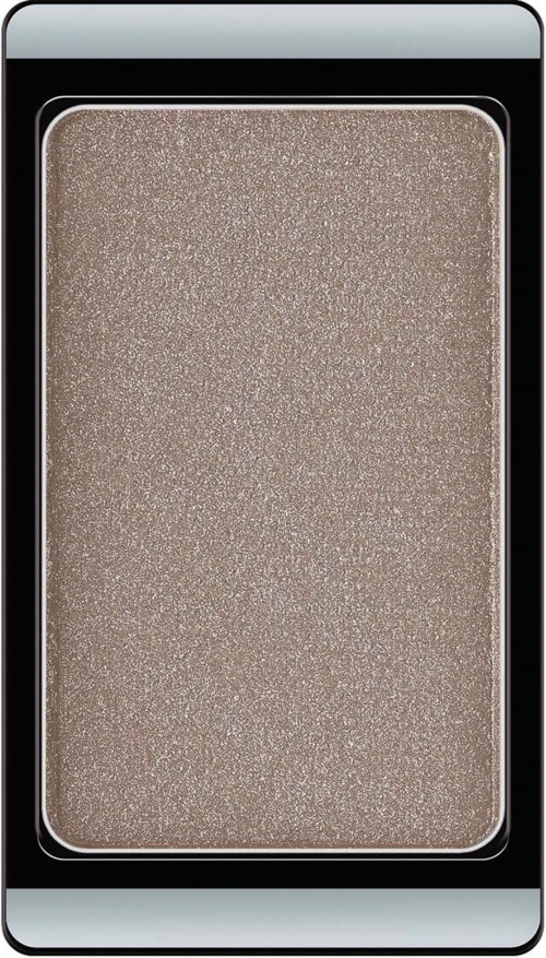 A beige eyeshadow in a rectangular silver compact with a transparent cover.