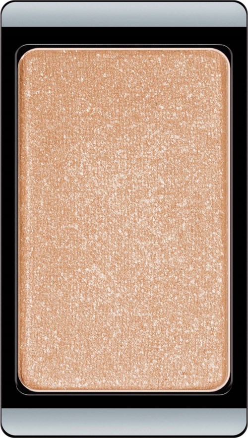 A beige highlighter with a shimmery, glittery surface in a black compact case.