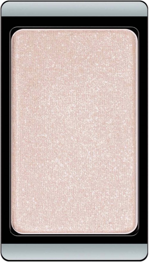 A light pink shimmery eyeshadow in a rectangular palette with a black and silver case.