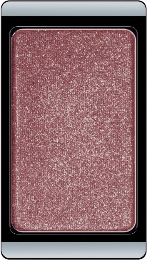 A pink glittery eyeshadow palette inside a black and silver case.