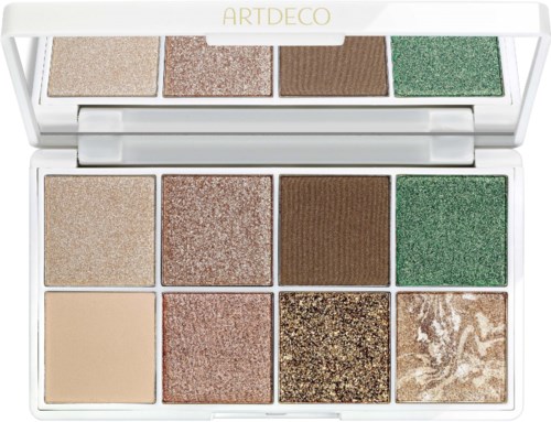 Ett vitt palettskal med åtta ögonskuggor i nyanser av beige, brunt, grönt, glitter och skimmer.
