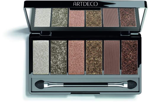 En makeup-palett med sex glitter- och matögonskuggor i silver, guld, rosa, bronze, brunt och rött.