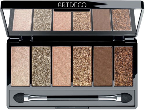 Eine Make-up-Palette mit verschiedenen Glitter- und Matt-Lidschatten sowie einem Doppel-Applikator.