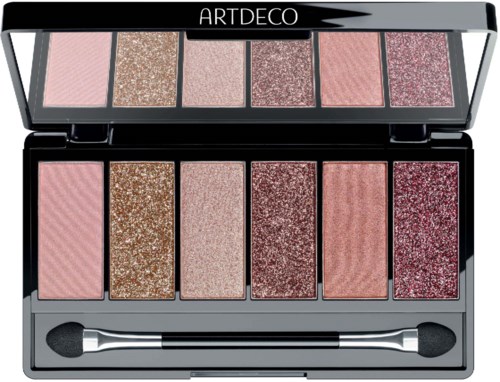 En makeup-palettes med seks rosa og brune øjenskygger, glitrende og matte, med en lille applikatorbørste.