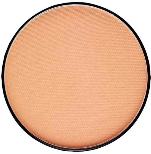 Dies ist ein runder Kompakt-Make-up-Puder in einem schwarzen Gehäuse mit pfirsichfarbener Nuance.
