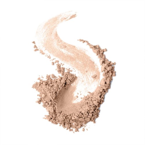 A blend of light and dark beige loose powder forming a swirling pattern on white background.