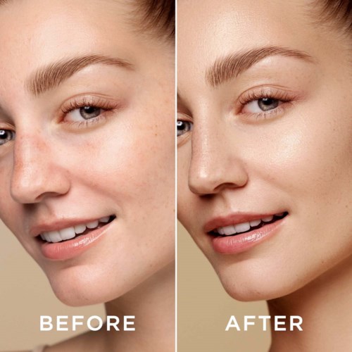 Side-by-side photos showing a woman's face before and after skincare or makeup enhancement, with clearer skin in the after image.