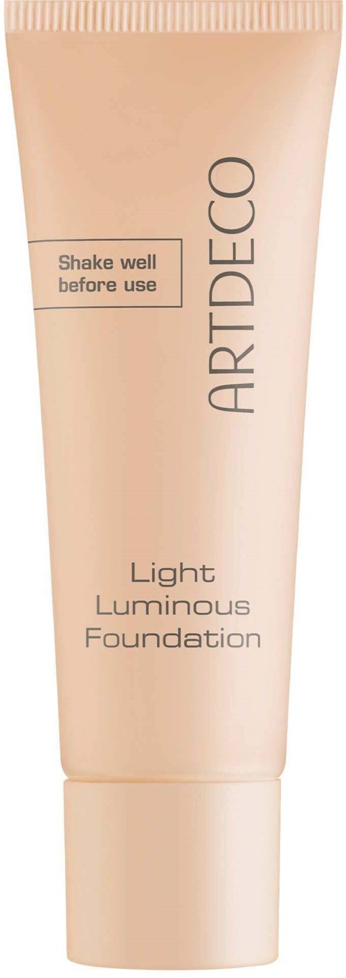 Ljus tube märkt 'ARTDECO Light Luminous Foundation' med instruktionen 'Skaka väl före användning'.