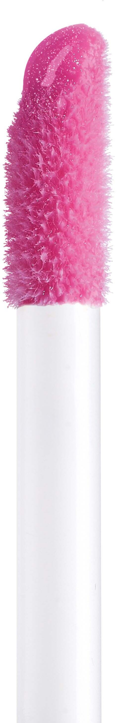 A pink, fluffy-looking applicator wand with a white handle, likely for makeup or lip gloss.
