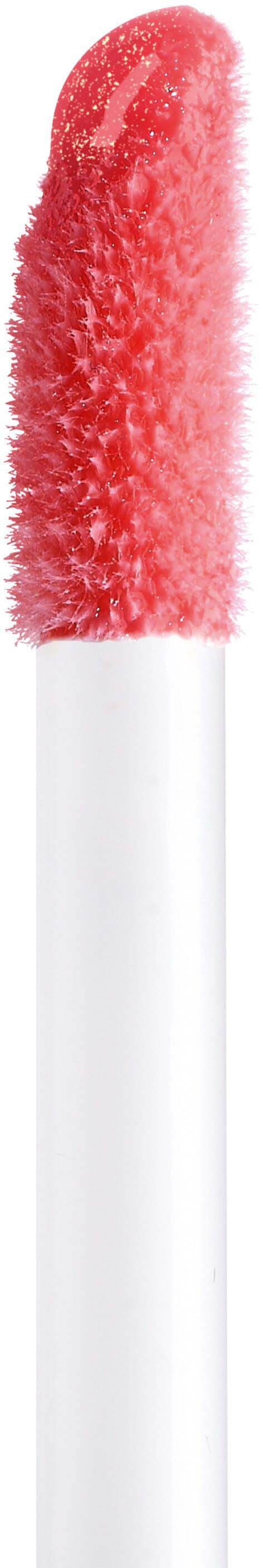 A lip gloss applicator with a pink, fuzzy, sponge tip against a black background.
