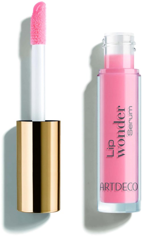 A pink lip gloss tube with a golden cap and applicator wand beside a pink lip serum bottle.