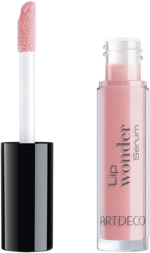 Pink lip gloss with a white and black container, labeled 'Lip Wonder Serum' by Artdeco.