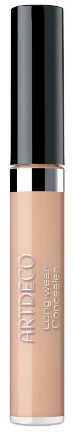 Ein Concealer-Tube mit silbernem und schwarzem Deckel, beschriftet 'ARTDECO long-wear concealer' auf schwarzem Hintergrund.