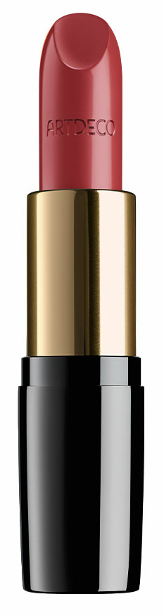 Ett rosa läppstift med ett guld- och svart fodral. Läppstiftet är lite öppet, visar färgen.