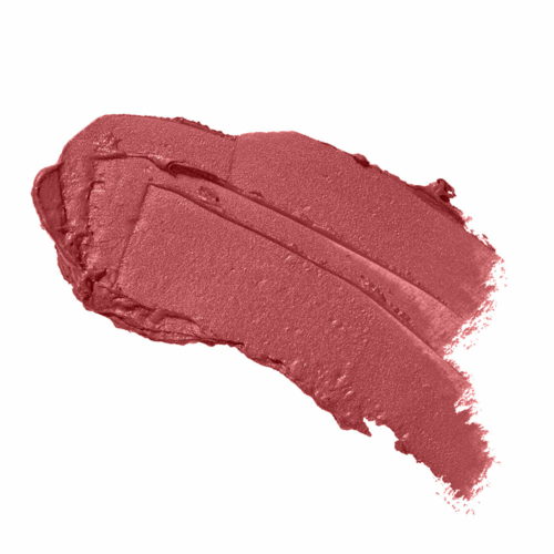 En skiva av rosa-röd makeup eller läppstift på en vit bakgrund.