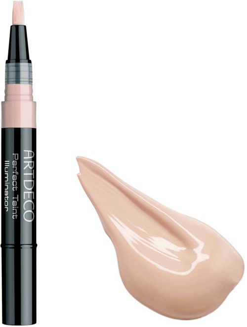 A beige-colored makeup concealer pen with a swatch of product beside it.
