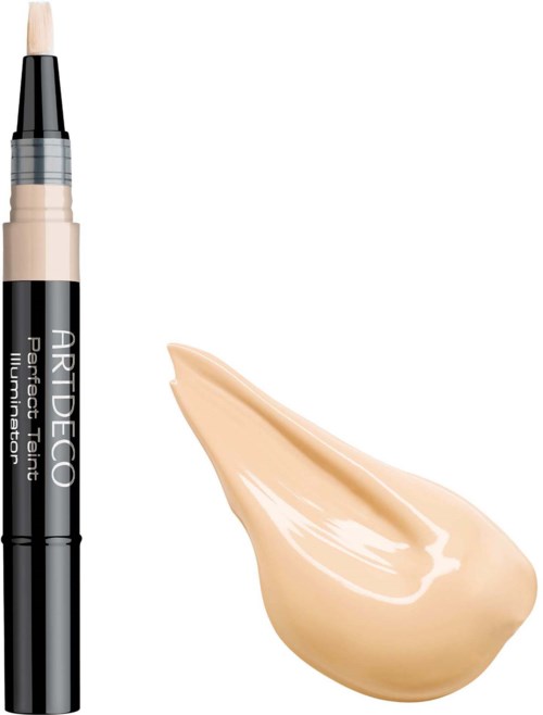 A pen-style concealer swatch with light beige liquid concealer next to a dab of the product.
