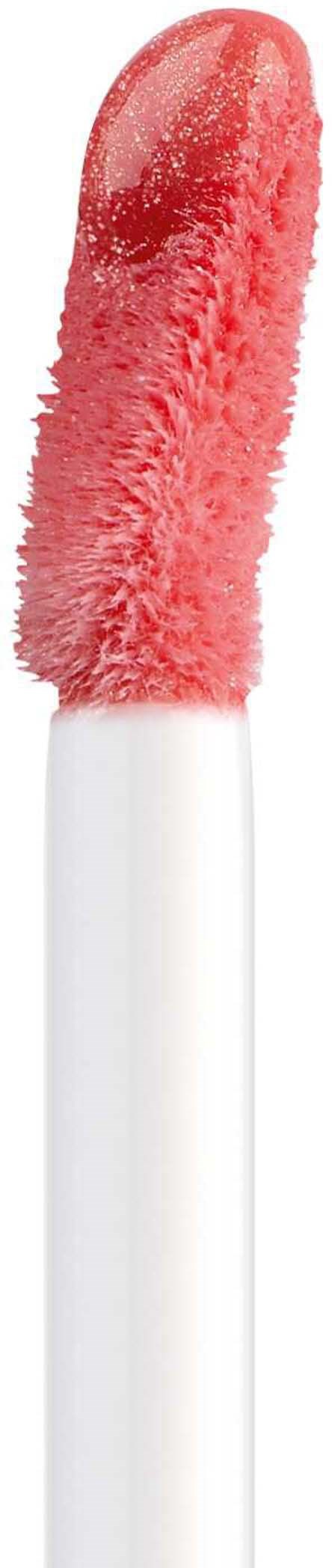 Een lipglossapplicator met roze gloss, met een fluffy punt en witte handvat.