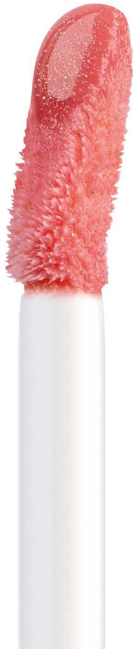 Læbegel med blød, rosa, skinnende og cremet tekstur på et hvidt håndtag.