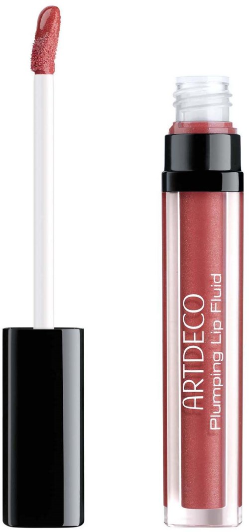 A tube of lip plumping liquid with a wand applicator, pinkish color, and black and clear packaging.