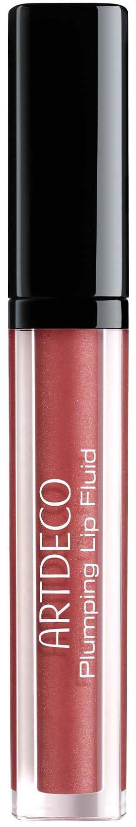 A lip gloss tube with a black cap and pinkish liquid inside, labeled "ARTDECO Plumping Lip Fluid."