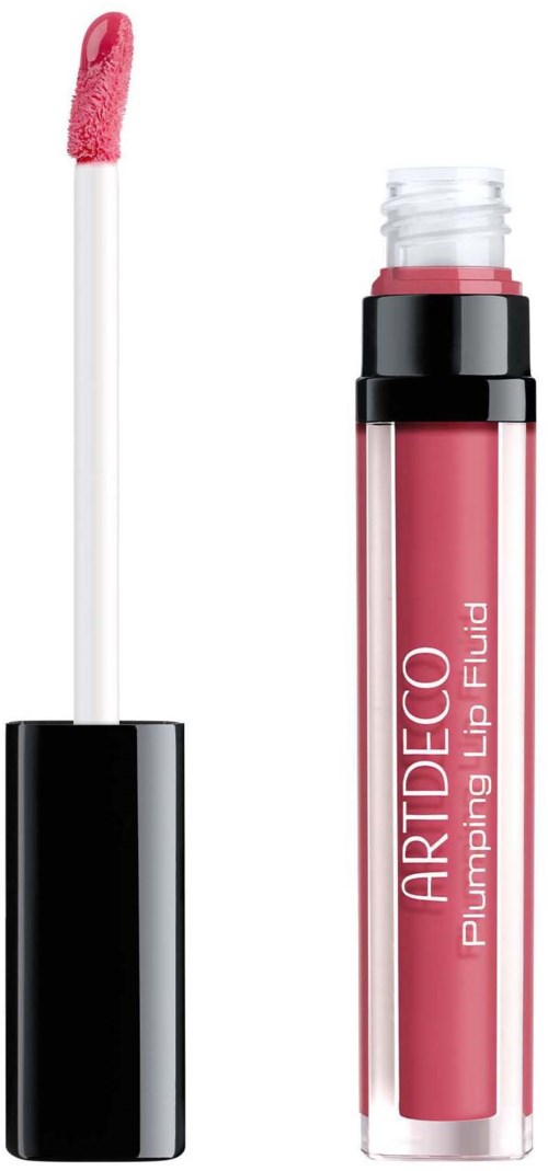 En lyserød læbepomade med børsteapplikator og sort låg, mærket "ARTDECOR Plumping Lip Fluid."