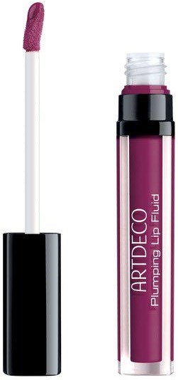 A lip gloss tube with a black cap and applicator wand, contains pinkish purple lip fluid.