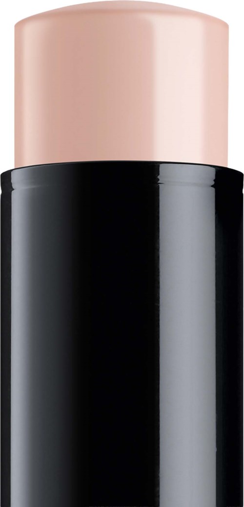 A tall, cylindrical bottle with a glossy black body and a light pink cap.