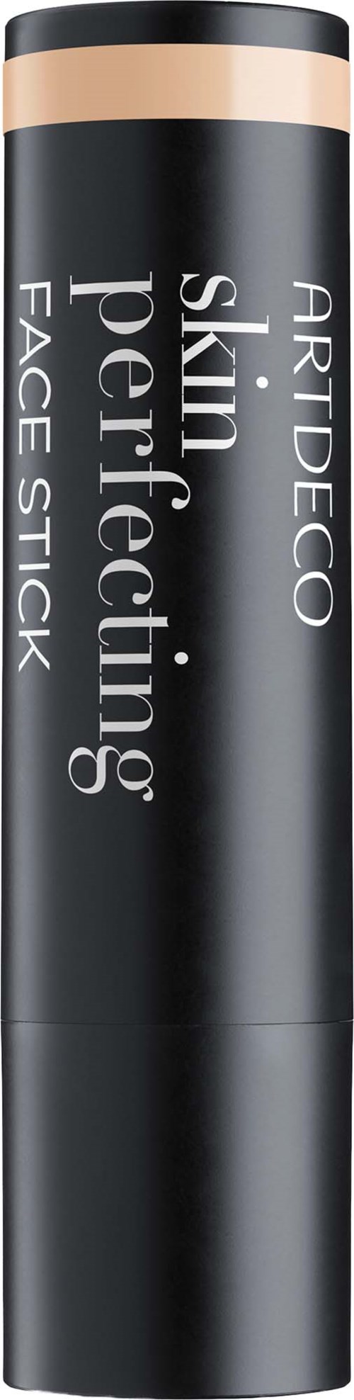 A black cylindrical face stick with beige and black text, labeled ARTDECO skin perfecting. Formulated for skincare and face makeup.