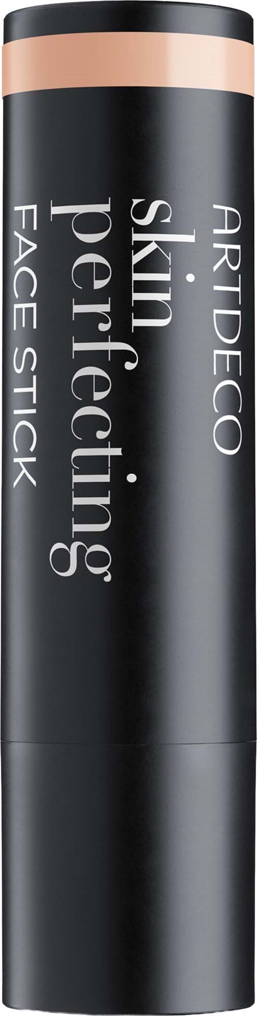 A black cylindrical face stick with a pinkish-beige band at the top and white text that says ARTDECO skin perfection face stick.