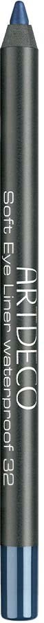 En grå pen med blå spets och clip, märkt "AR DICO" och "Soft Eye Liners Waterproof 32."
