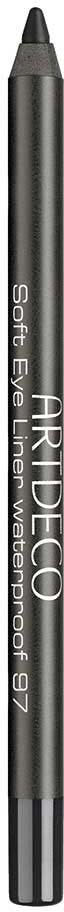 En svart eyelinspenna med silvertext, märkt 'ARIDECQ' och 'Soft Eye Line Waterproof 97.'