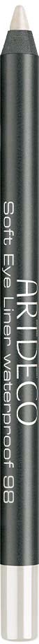 En svart ögonbrynspenna med vit spets och silverbotten, märkt 'ARTIDEE' och 'Soft Eyeliner Waterproof 98'.
