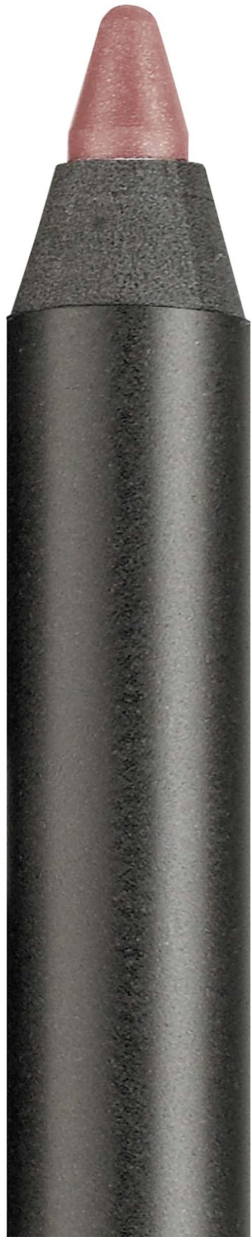 A brownish-pink crayon with a black body, standing upright, used for coloring.
