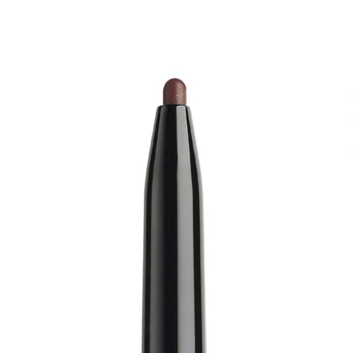 Een zwart make-uppotlood met een ronde, bruine tip op een witte achtergrond.